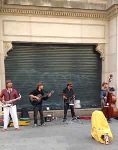 Stopped to listen to this fine group of musicians, who had their bikes in a pile beside them, which raised some questions about traveling safely, at least in my head